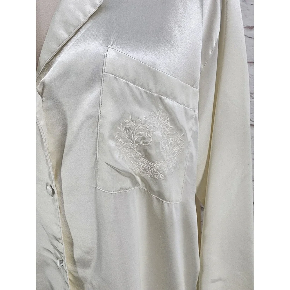 Adonna Satin Sleep Shirt Dress Long Sleeve Bridal White Embroidered Crest Large